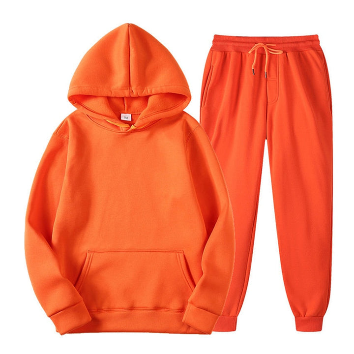 Orangefarbener Kapuzenpullover und Jogginghose Set, Unisex, Baumwolle, Freizeitkleidung.