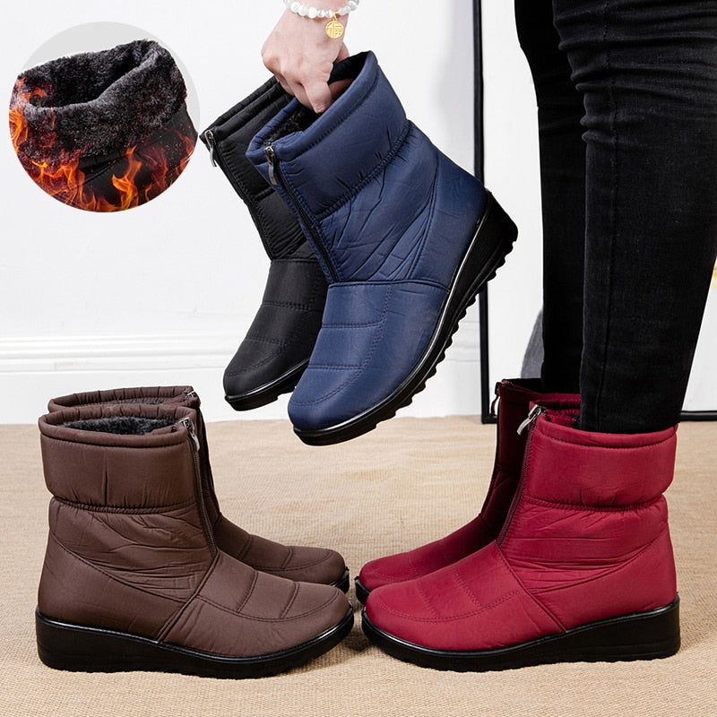Damen Winterstiefel, wasserdicht, gefüttert, in Blau, Rot, Braun und Schwarz.