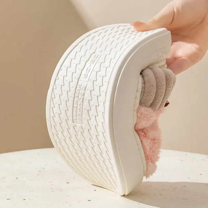 Weiße Hausschuhe mit Plüschfutter, rutschfeste Sohle, gemütlich, Damenmode.