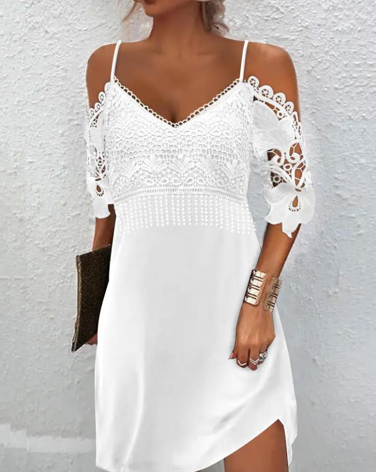 Damen Sommerkleid Weiß, Spitzenärmel, Schulterfrei, Elegant, Freizeitmode, Strandkleid