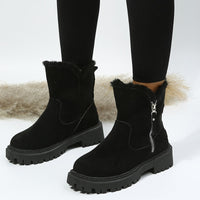 Schwarze Damen-Winterstiefel mit Reißverschluss, Fellfutter, rutschfeste Sohle.
