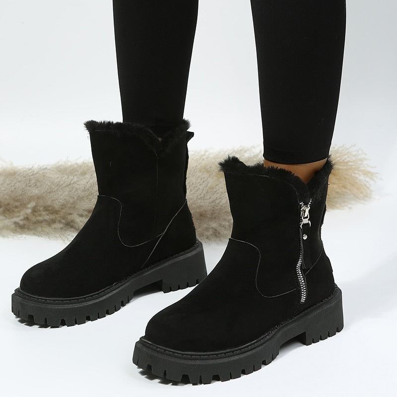 Schwarze Damen-Winterstiefel mit Reißverschluss, Fellfutter, rutschfeste Sohle.