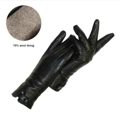 Schwarze Lederhandschuhe mit 70% Wollfutter, elegante Winterbekleidung, warme Accessoires.