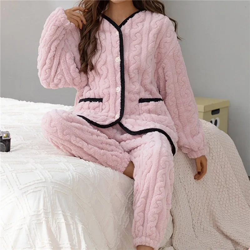 Damen Fleece Pyjama Set, rosa, mit Knöpfen, gemütlich, warm, für Winter, Nachtwäsche.