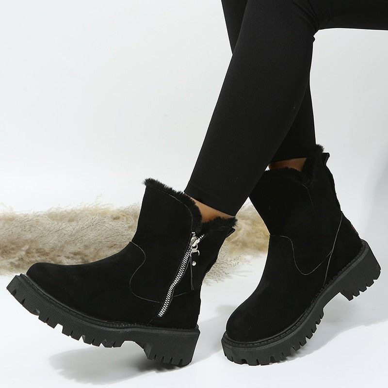 Schwarze Damen-Winterstiefel mit Reißverschluss, Fellfutter, rutschfeste Sohle, modisch.