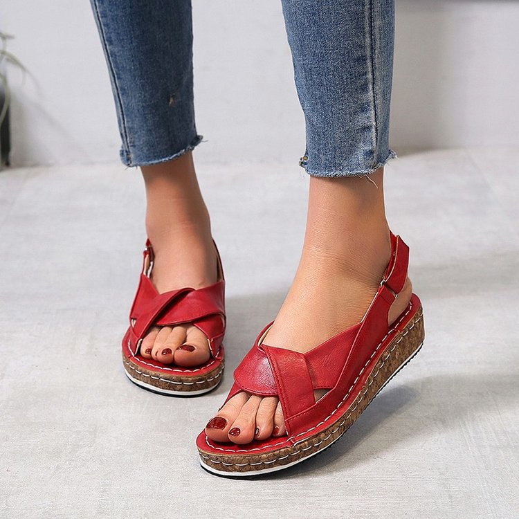 Rote Damen-Sandalen aus Leder mit Keilabsatz, modisch, bequem, ideal für Sommer.