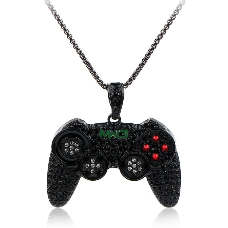 Schwarze Controller-Halskette mit Strasssteinen, Gaming-Schmuck, modisches Accessoire.