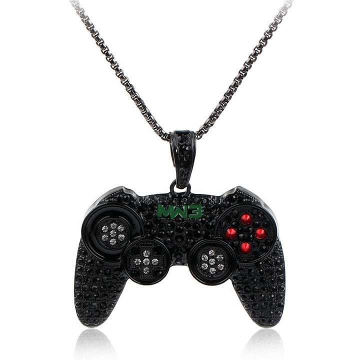 Schwarze Controller-Halskette mit Strasssteinen, Gaming-Schmuck, modisches Accessoire.