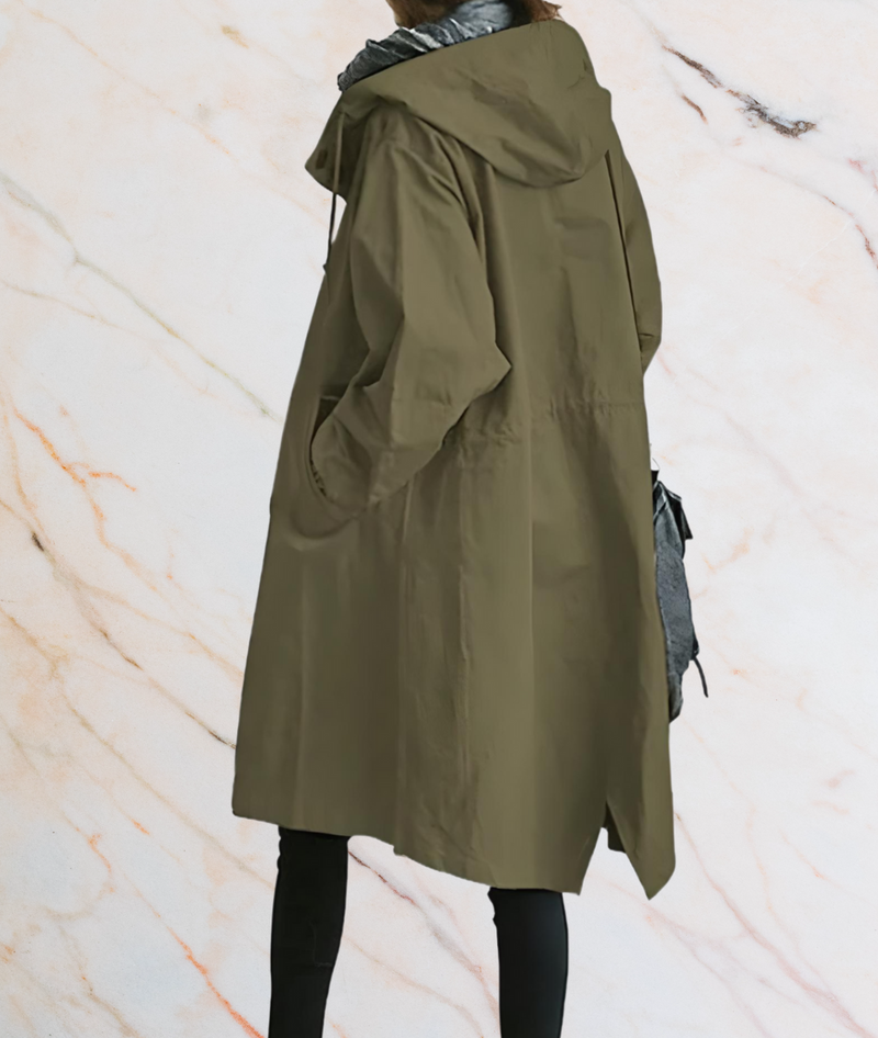 Damenparka olivgrün, Kapuze, lässiger Stil, Herbstmode, wasserabweisend, Outdoorjacke.