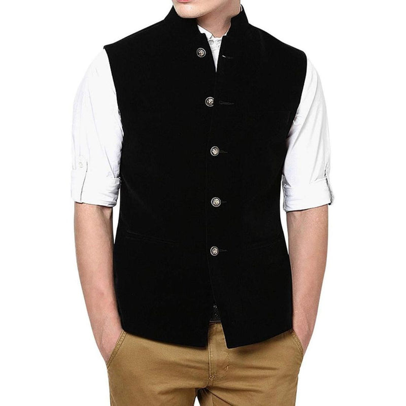 Schwarze Herrenweste, ärmellos, mit Knöpfen, über weißem Hemd, modisch, elegant.