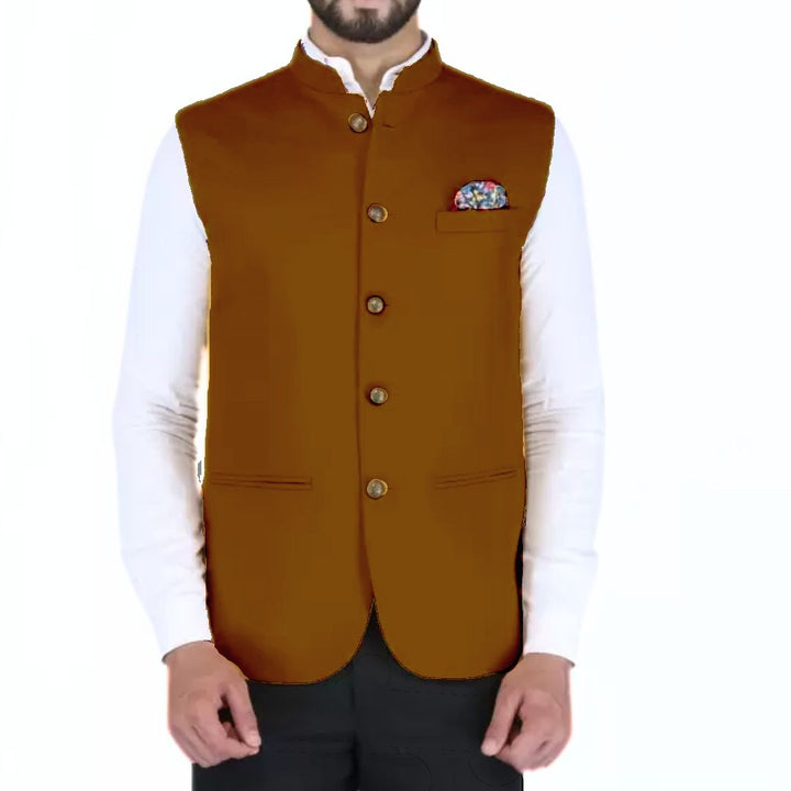 Männer Weste Braun, Stehkragen, Knöpfe, Einstecktuch, formell, elegant, Herrenmode.