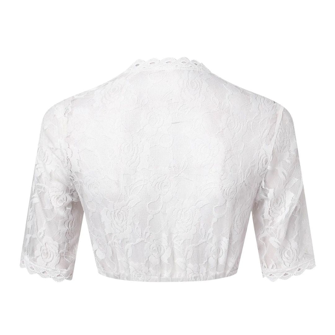 Weiße Spitzenbluse Damen, florales Muster, halblange Ärmel, elegantes Design, Rückansicht.