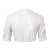 Weiße Spitzenbluse Damen, florales Muster, halblange Ärmel, elegantes Design, Rückansicht.