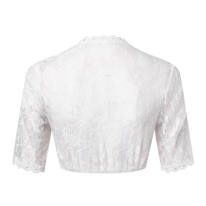 Weiße Spitzenbluse Damen, florales Muster, halblange Ärmel, elegantes Design, Rückansicht.
