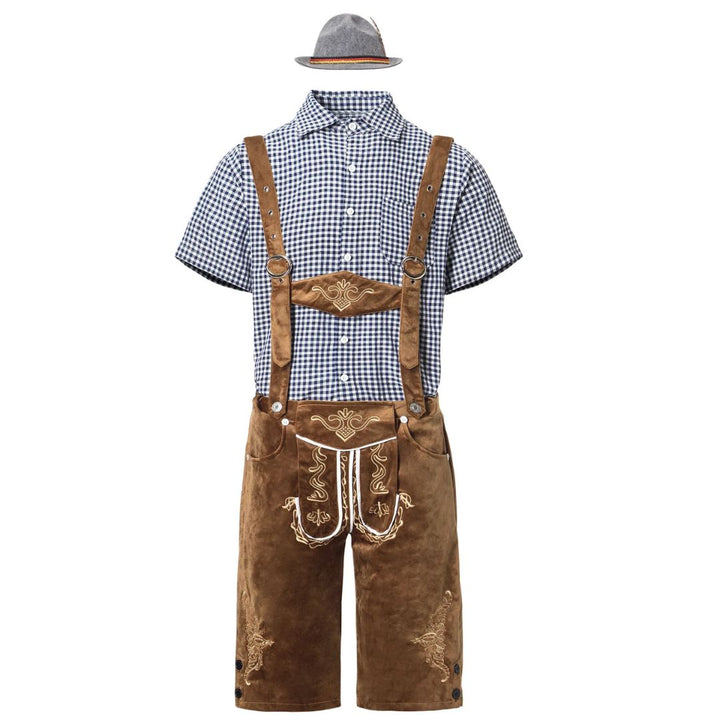 Lederhose Herren Set, braun, kariertes Hemd, Trachtenmode, Oktoberfest Outfit, traditionell.