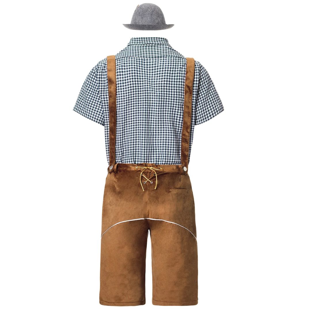 Trachtenoutfit Herren: Lederhose braun, kariertes Hemd, grauer Hut, Oktoberfest Kleidung.