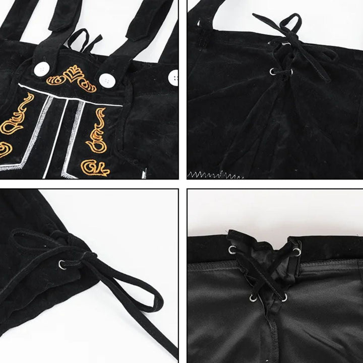 Schwarze Lederhose mit goldener Stickerei und Schnürung, traditionelles bayerisches Design.