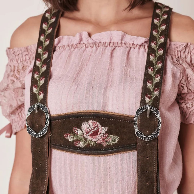 Damen-Trachtenbluse rosa mit Stickerei, schulterfrei, traditionell, Oktoberfest-Mode.