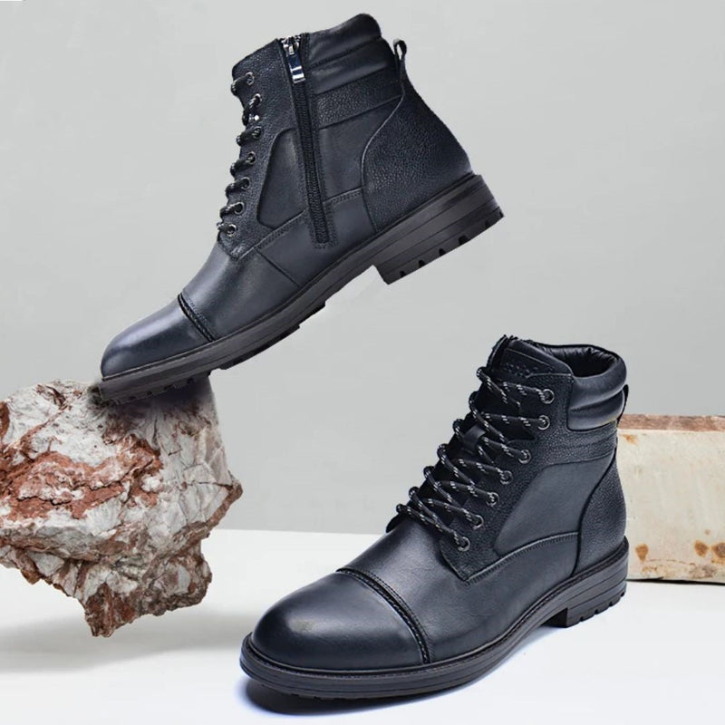 Schwarze Herren-Lederstiefel mit Schnürung und Reißverschluss, robustes Design, modisch.