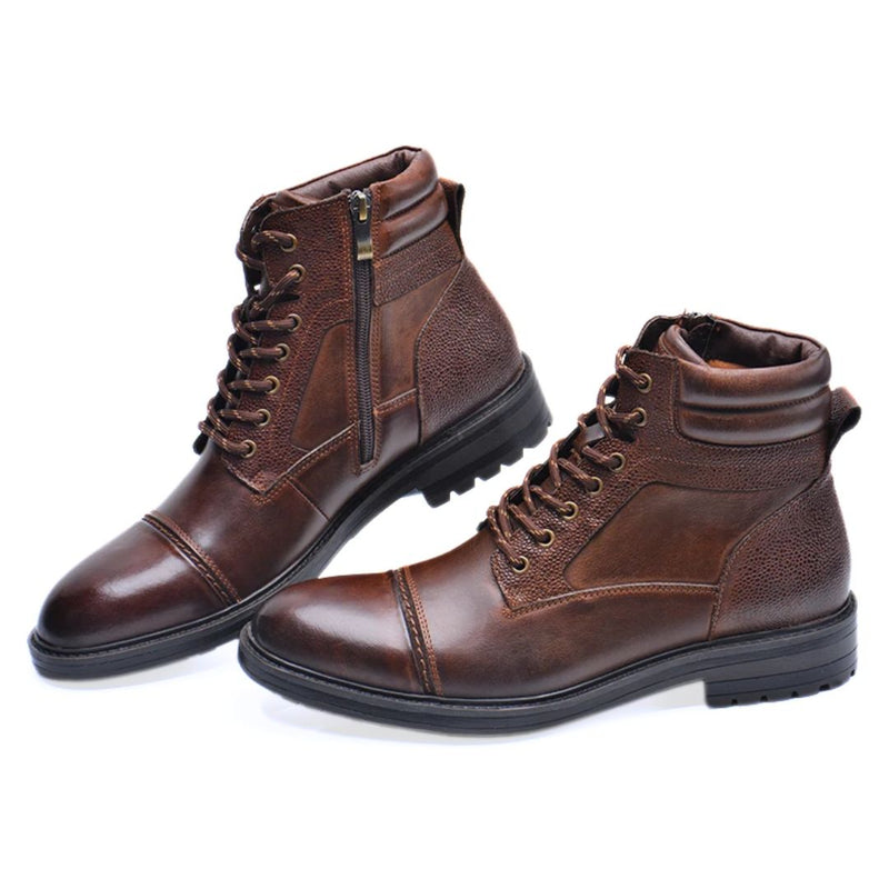 Braune Herrenstiefel aus Leder mit Reißverschluss, Schnürung, rutschfeste Sohle, elegant.