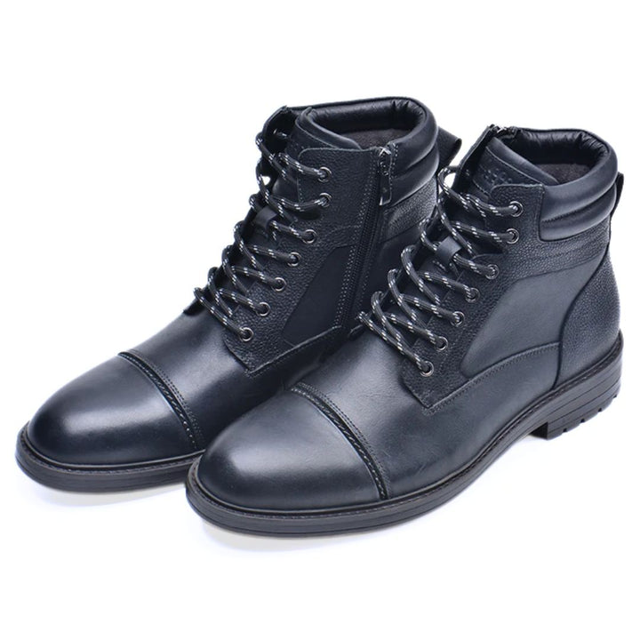 Schwarze Lederstiefel für Herren, Schnürung, Reißverschluss, modisch, robust, elegant.