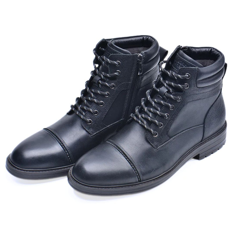 Schwarze Lederstiefel für Herren, Schnürung, Reißverschluss, modisch, robust, elegant.