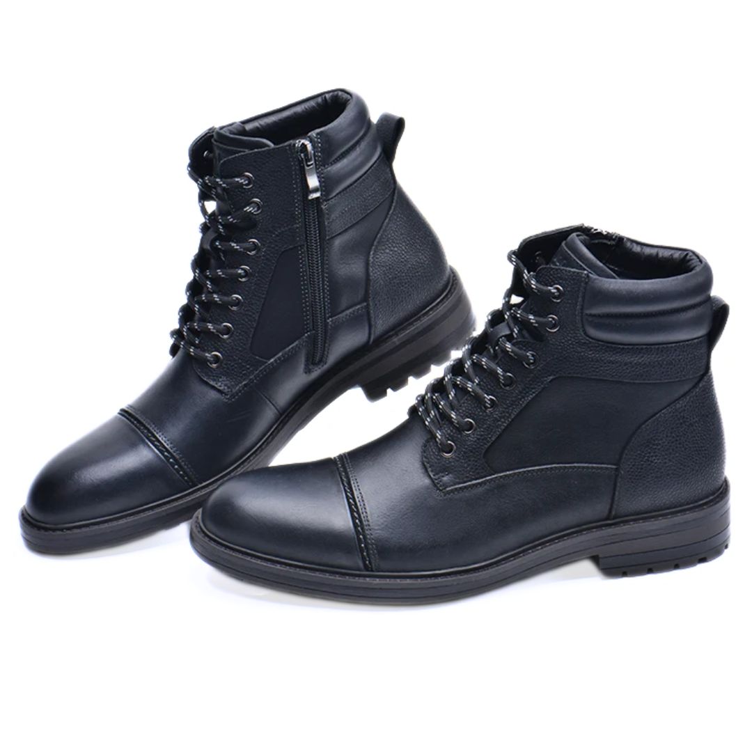 Schwarze Herrenstiefel aus Leder mit Schnürung und Reißverschluss, modisch und robust.