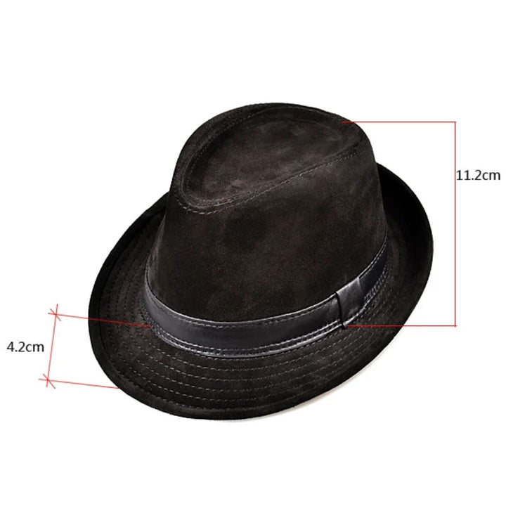 Schwarzer Filzhut mit Lederband, Maße 11,2 cm x 4,2 cm, elegantes Accessoire für Herren.