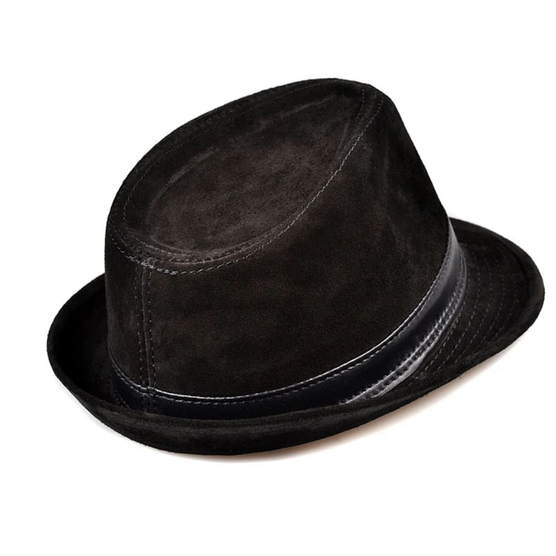 Schwarzer Fedora-Hut aus Wildleder mit Lederband, stilvoller Herrenmode-Accessoire.