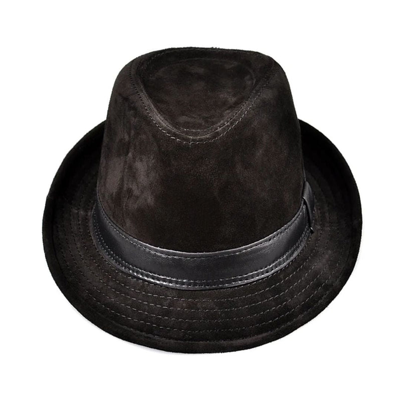 Schwarzer Filzhut mit Lederband, klassisches Design, Herrenmode, stilvoller Fedora-Hut.