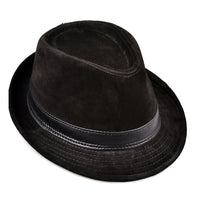 Schwarzer Fedora-Hut aus Wildleder mit Lederband, stilvoller Herrenmode-Accessoire.