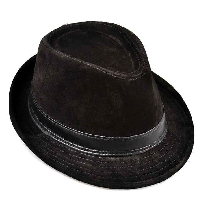 Schwarzer Fedora-Hut aus Wildleder mit Lederband, stilvoller Herrenmode-Accessoire.