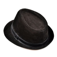 Schwarzer Fedora-Hut aus Wildleder mit schwarzem Band, stilvoller Herrenmode-Accessoire.