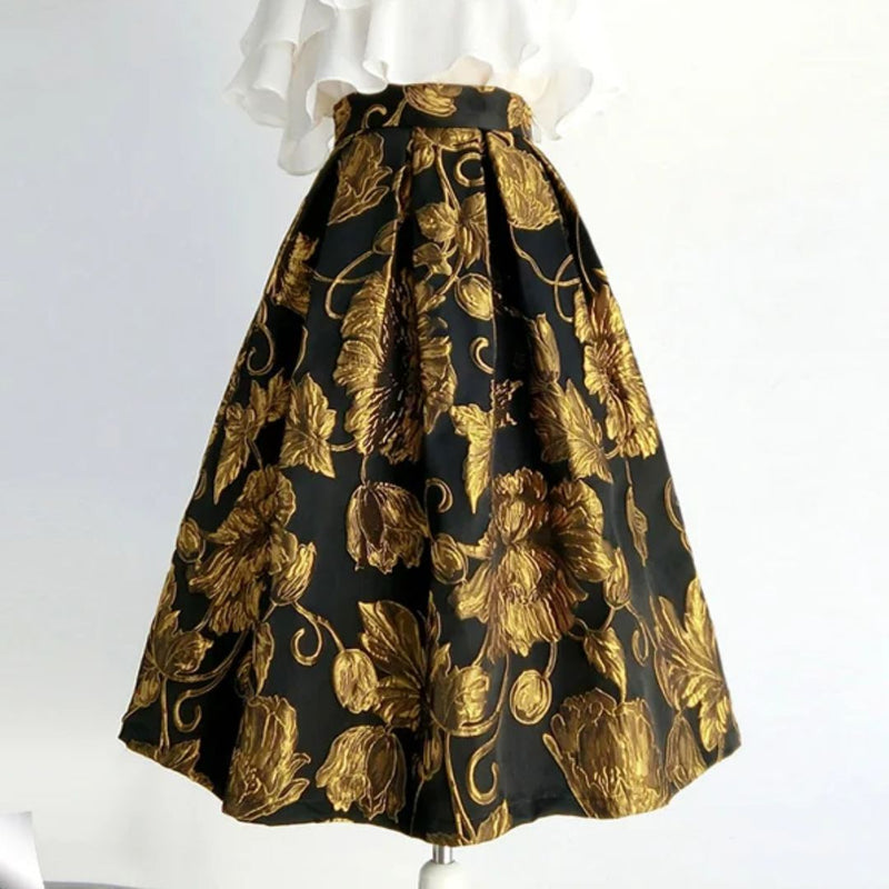 Schwarzer Rock mit goldenen Blumenmuster, knielang, elegantes Design, Damenmode.