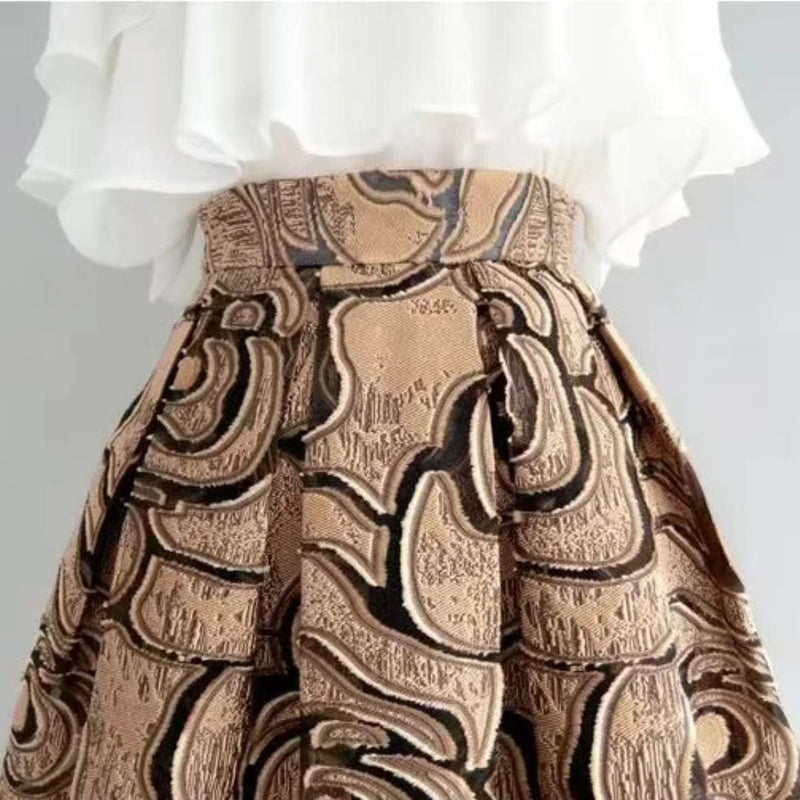 Beiger Rock mit abstraktem Muster, hoch tailliert, elegantes Design, Damenmode.