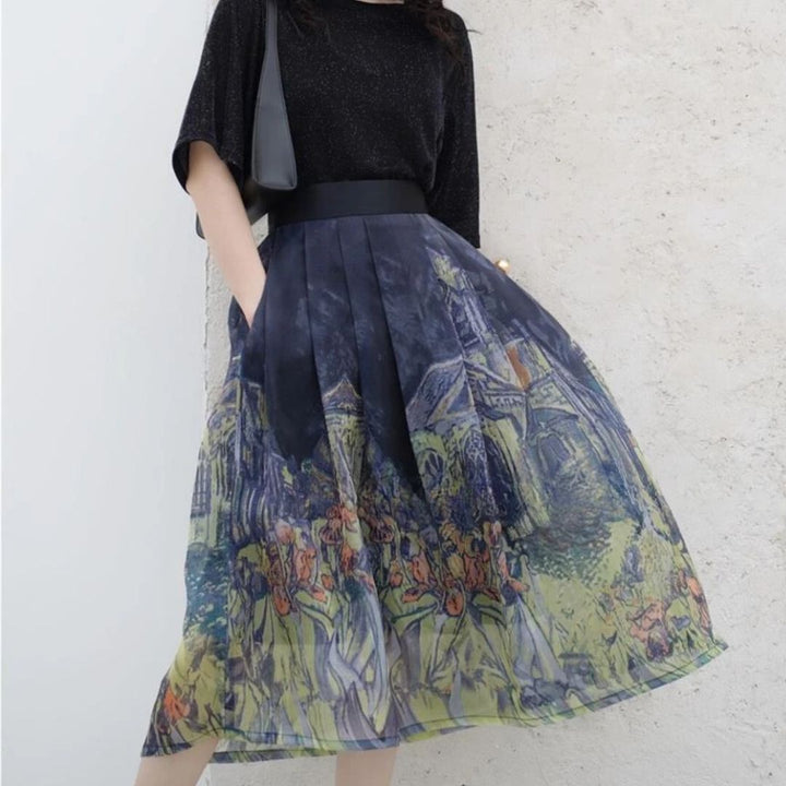 Damenrock mit Van Gogh-Motiv, blau, knielang, Faltenrock, Kunst-Design, modisch, elegant