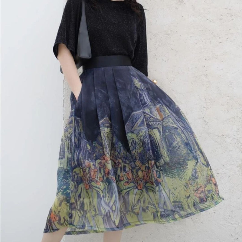 Damenrock mit Van Gogh-Motiv, blau, knielang, Faltenrock, Kunst-Design, modisch, elegant