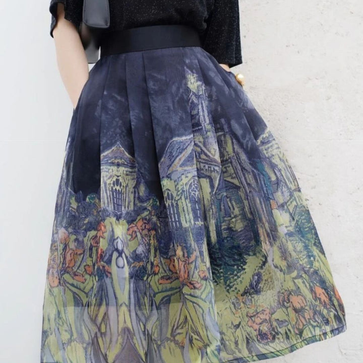 Damenrock mit Van Gogh-Motiv, schwarz, knielang, Faltenrock, Kunstmuster, modisch.