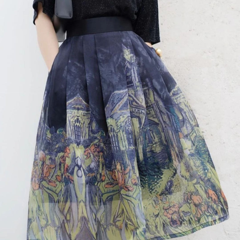 Damenrock mit Van Gogh-Motiv, schwarz, knielang, Faltenrock, Kunstmuster, modisch.