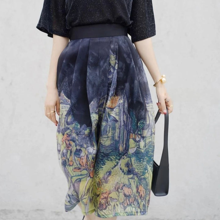 Damenrock mit Van Gogh-Motiv, knielang, schwarz-bunt, elegantes Design, Kunst-inspiriert.