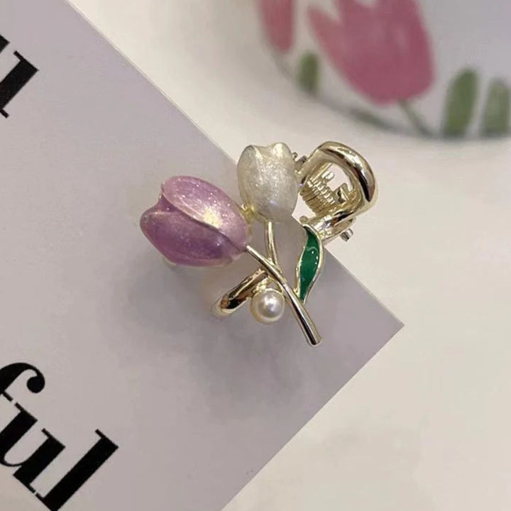 Haarspange Tulpen-Design, lila und weiß, Metall, Perle, modisches Accessoire, Frühlingstrend.