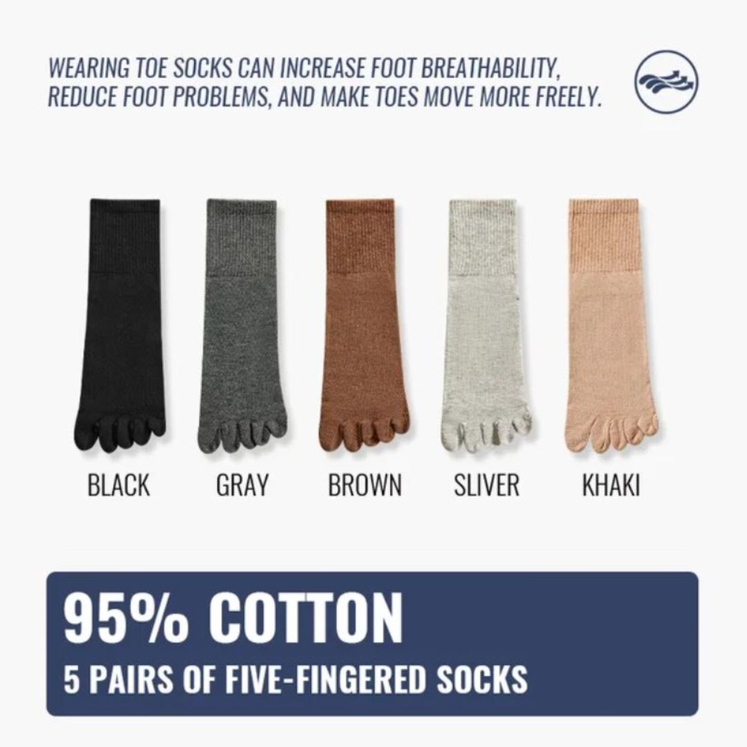 Fünf Paar Zehensocken, 95% Baumwolle, Farben: Schwarz, Grau, Braun, Silber, Khaki.