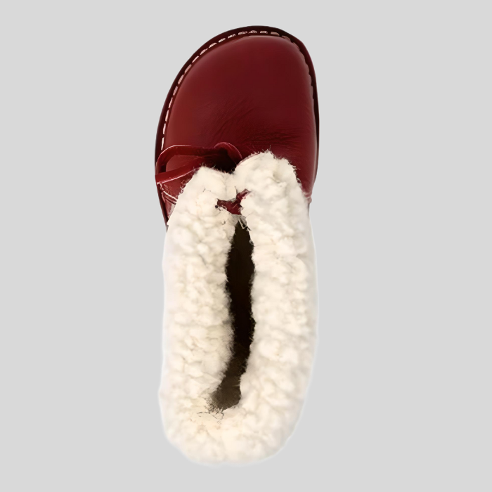 Roter Lederstiefel mit weißem Fellfutter, Damen-Wintermode, warme Schuhe.