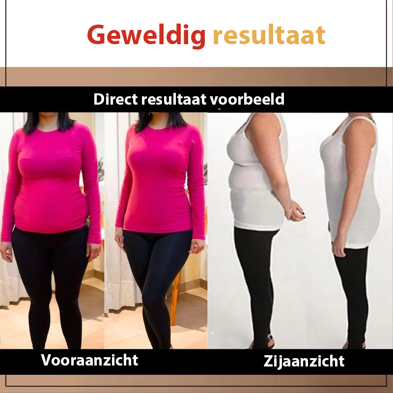 Vorher-Nachher-Bild Gewichtsverlust, Frau in pinkem und weißem Top, Vorder- und Seitenansicht.