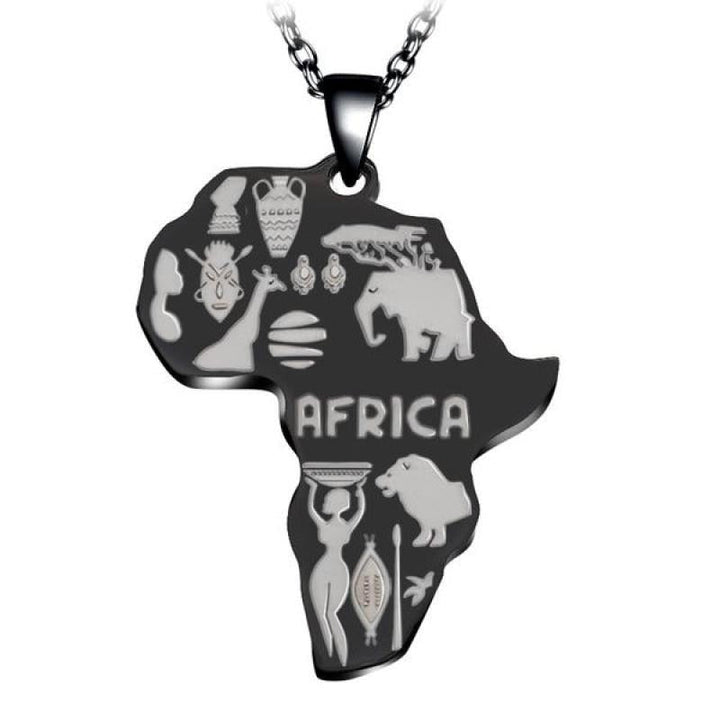 Afrika-Anhänger aus Edelstahl, schwarz-silber, mit Tiermotiven, Kette, Schmuck für Herren