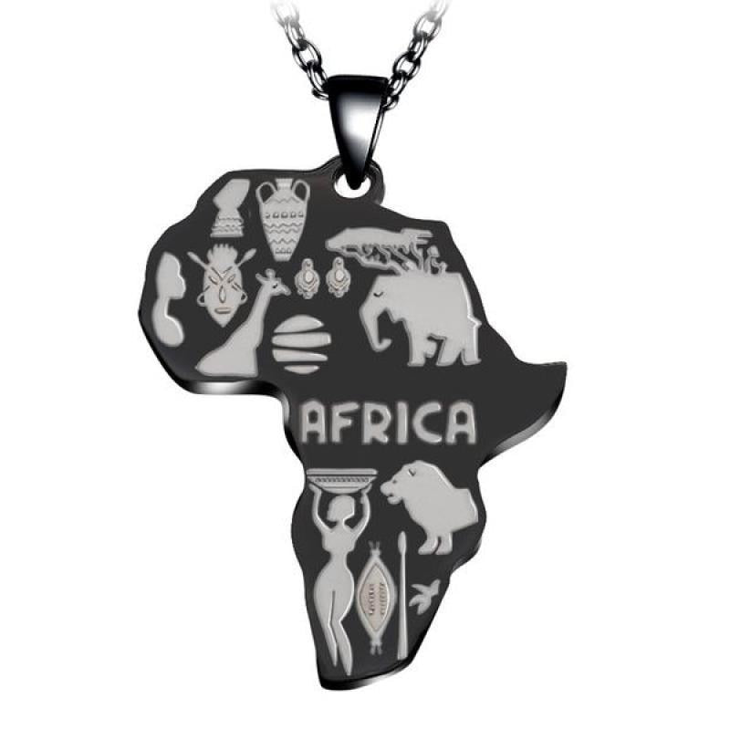 Afrika-Anhänger aus Edelstahl, schwarz-silber, mit Tiermotiven, Kette, Schmuck für Herren