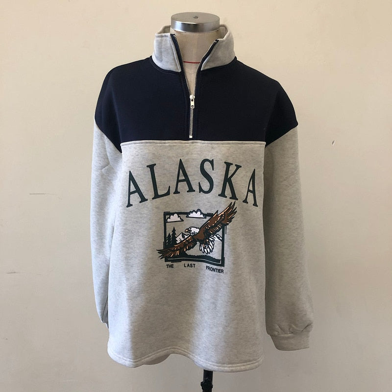 Grauer Alaska-Pullover mit Adler-Design, Reißverschluss, Unisex, Baumwolle, Freizeitmode.