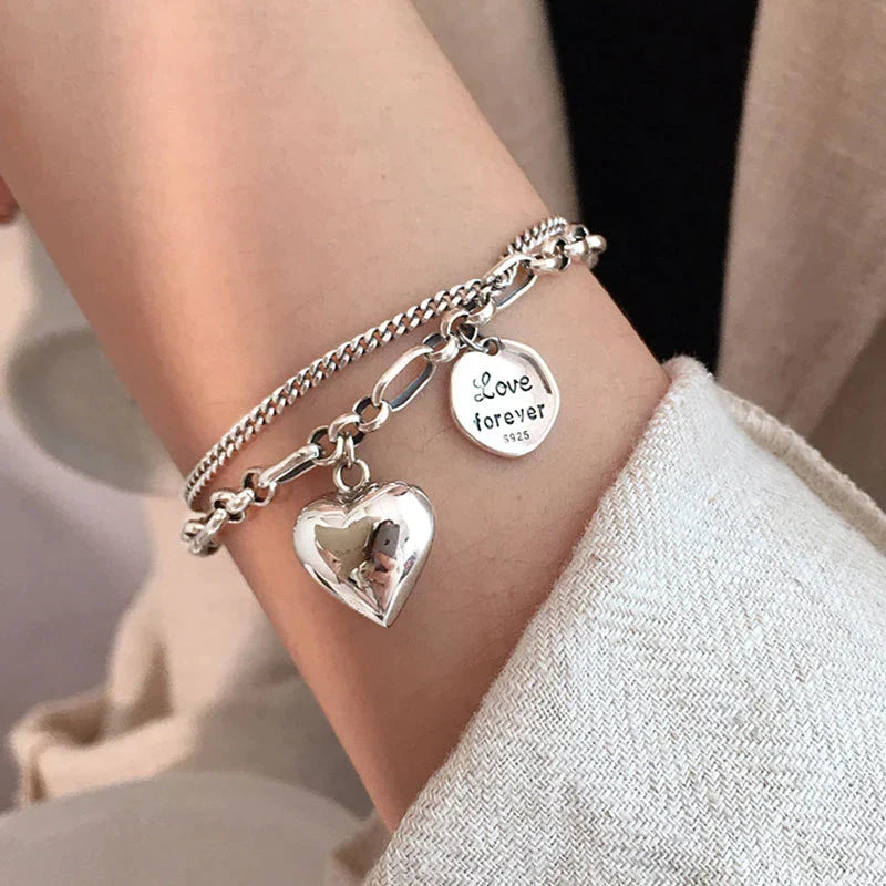 Silberarmband mit Herz- und "Love forever"-Anhänger, 925 Sterling, Damenmode, Geschenkidee.