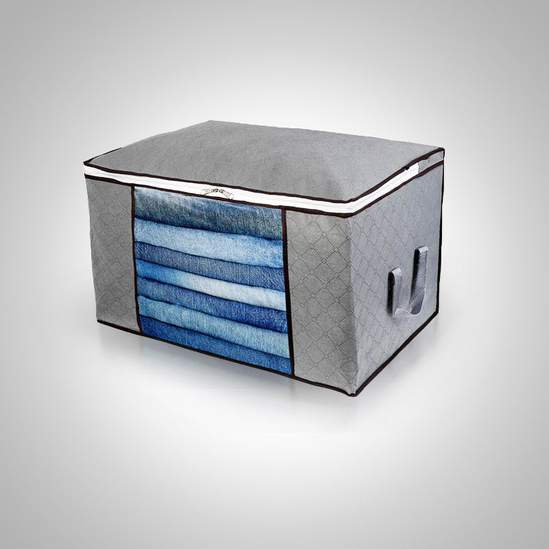 Graue Aufbewahrungsbox mit Reißverschluss, transparentem Fenster und Griffen, ideal für Kleidung.