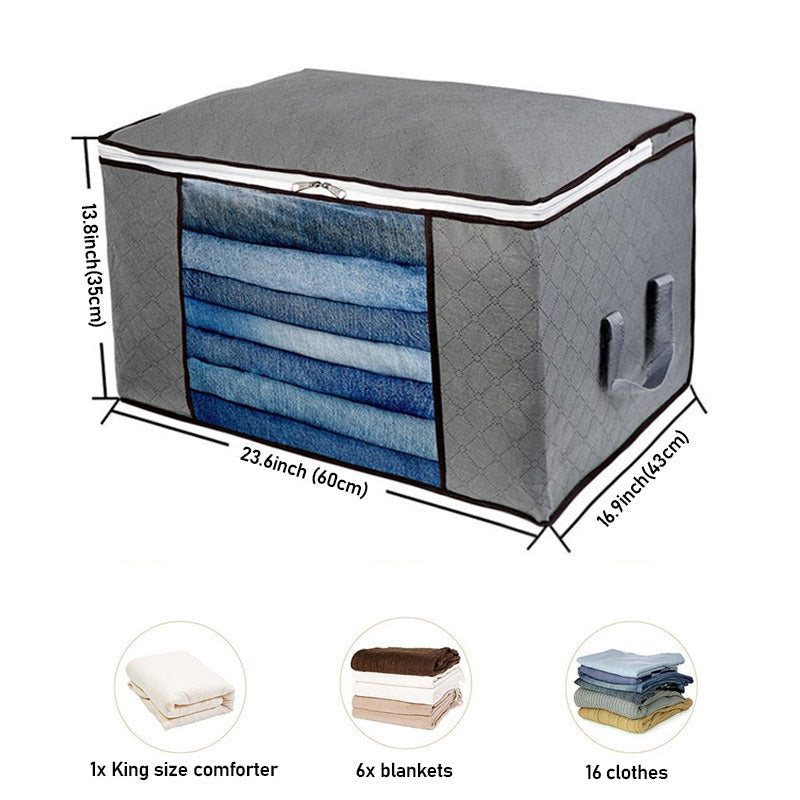 Graue Aufbewahrungstasche mit Reißverschluss, 60x43x35cm, für Kleidung und Decken.